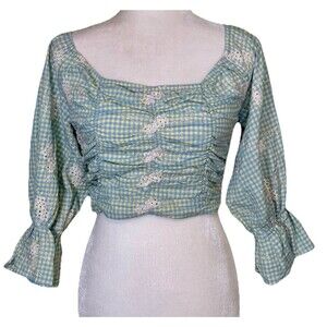 Altar'd State Women’s Cottagecore Puff Sleeve Square Neck Ruched Prairie Top Sm
